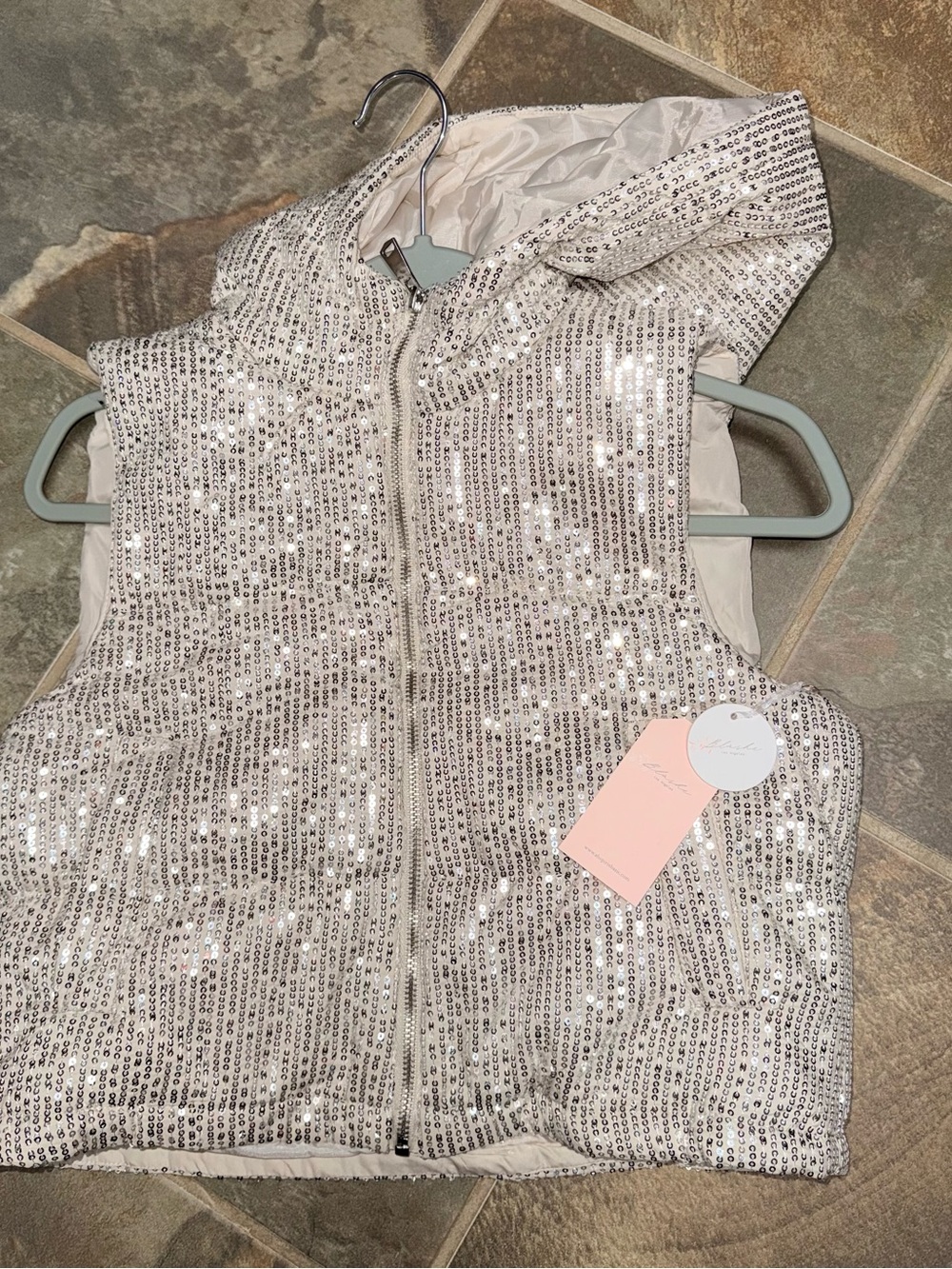 Sequin Hooded Puffer Vest in Champagne